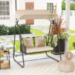 Hollywoodschaukel Rattan 2-Sitzer Gartenschaukel mit verstellbar, Sonnendach Kissen Hängebank, für Garten Balkon, Khaki - 图片 7