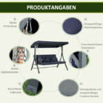 Hollywoodschaukel 3-Sitzer, bis 270 kg belastbar, Schaukelbank mit verstellbarem Sonnendach, Gartenschaukel mit Kissen - 图片 6