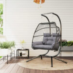 Hängesessel mit Gestell faltbar Hängekorb mit Kissen, Polyrattan, für 2 Personen, belastbar bis 260kg Sessel für Balkon Terrasse, Dunkelgrau - 图片 2