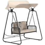 Hollywoodschaukel Rattan 2-Sitzer Gartenschaukel mit verstellbar, Sonnendach Kissen Hängebank, für Garten Balkon, Khaki - 图片 8