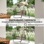 Hollywoodschaukel Rattan 2-Sitzer Gartenschaukel mit verstellbar, Sonnendach Kissen Hängebank, für Garten Balkon, Khaki - 图片 3