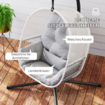 Hängesessel mit Gestell, Eiförmiger Hängeschaukel mit weichem, Outdoor, Terrasse, Garten, Hellgrau - 图片 4