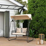 Hollywoodschaukel Rattan 2-Sitzer Gartenschaukel mit verstellbar, Sonnendach Kissen Hängebank, für Garten Balkon, Khaki - 图片 2