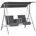 Hollywoodschaukel 2-Sitzer Schaukelbank mit Baldachin, Tasche, Gartenschaukel mit Tablett, bis 180 kg Belastbar, für Garten, Balkon, Schwarz