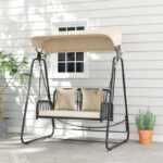 Hollywoodschaukel Rattan 2-Sitzer Gartenschaukel mit verstellbar, Sonnendach Kissen Hängebank, für Garten Balkon, Khaki - 图片 6