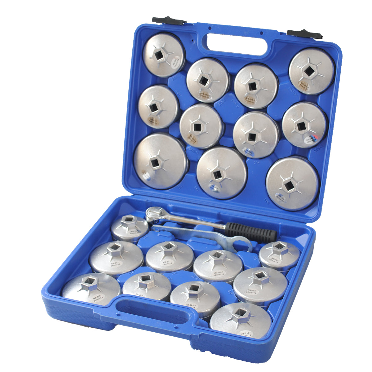 e831a27b3ebb0b9d1f41b40fef0db951 Aluminium-Ölfilterschlüssel Ölfilterbecher-Entferner Werkzeugsatz 23-teilig - 图片 1